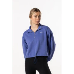 Sweat-shirt Crop à épaules Tombantes Et à Demi-zippées - Bleu - Fitness -Plein Air Équipement Magasin sweat shirt crop a epaules tombantes et a demi zippees bleu fitness 3